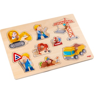 HABA 303697 - Greifpuzzle Baustellen-Welt , Holzspielzeug ab 12 Monaten , 8-teiliges Puzzle aus Holz mit buntem Baustellenmotiv , Mit großen Knöpfen zum Greifen