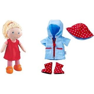HABA 302108 - Puppe Annelie, Stoffpuppe mit Kleidung und Haaren, 30 cm, Spielzeug ab 18 Monaten & 303255 Kleiderset Regenzeit, Spiel