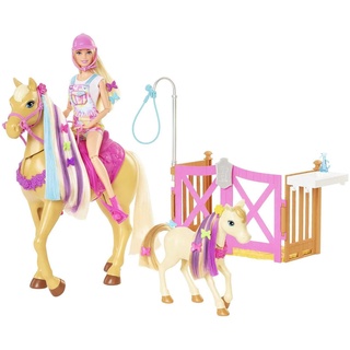 Barbie GXV77 - Frisier- und Reitspaß, Reitset mit Pferd, Pony, Puppe und über 20 Zubehörteilen, für Kinder ab 3 Jahren