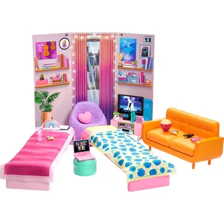 Barbie HDY77 - „Bühne frei für große Träume“ Schlafsaal Spielset mit 2 Betten, Sofa, Sitzsack, Schlafzimmermöbeln, Dekor und Zubehör, Geschenk für Kinder von 3 bis 7 Jahren