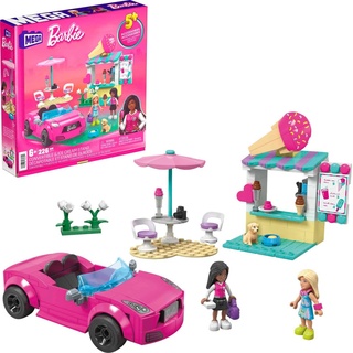 MEGA Barbie Autobauspielzeug Spielset, Cabrio & Eisständer mit 225 Teilen, 2 Mikropuppen und Zubehör, Pink, Geschenkideen für Kinder, HPN78