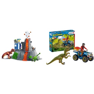 SCHLEICH 42564 Spielset - Große Vulkan-Expedition (Dinosaurs) & 41466 Dinosaurs Spielset - Flucht auf Quad vor Velociraptor, Spielzeug ab 5 Jahren