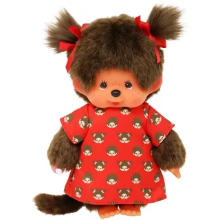 Sekiguchi 221295 - Original Monchhichi Mädchen, Plüschtier mit Monchichikleid und Schleifen, ca. 20 cm großes Kuscheltier aus braunem Plüsch