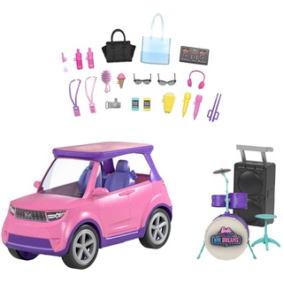 Barbie Big City Big Dreams, Barbie Auto Cabrio, 2:1 verwandelt sich in Bühne, inkl. Barbie Zubehör für Konzerte wie Schlagzeug, Spielzeug für ab 3 Jahren, GYJ25