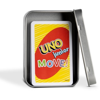 UNO Junior Kartenspiel Neue Edition für Kinder, Kinderspiele geeignet für 2-4 Spieler ab 3 Jahren + Metalldose für Spielesammlung (UNO Junior Move)