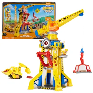 Rubble & Crew – Baupfoten Hof Kran-Spielset (68 cm) mit Rubble-Actionfigur, Planierraupen-Baufahrzeug und 340 g Kinetic Sand Build-it Sand, Spielzeug geeignet für Kinder ab 3 Jahren