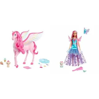 Barbie Ein Verborgener Zauber Pegasus & EIN Verborgener Zauber Puppe - Langhaarige Malibu Roberts Puppe mit schimmerndem Kleid, Zubehör und Zwei entzückenden Tieren, für Kinder ab 3 Jahren, HLC32