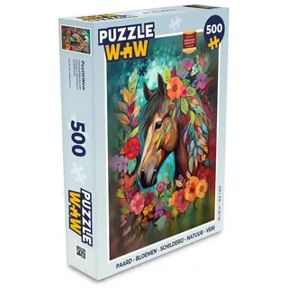 MuchoWow Puzzle Pferd - Blumen - Malerei - Natur - Farbe, 500 Puzzleteile, Foto-Puzzle, Bilderrätsel, Puzzlespiele, Spielzeug bunt