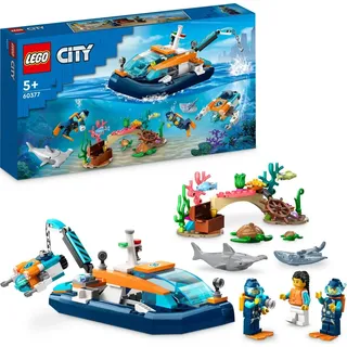 LEGO 60377 City Meeresforscher-Boot Spielzeug, Set enthält ein Korallenriff, ein U-Boot, 3 Minifiguren und Mantarochen, Haie, Krabben und 2 Schild... - Bunt