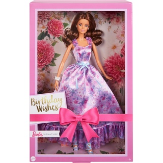 Barbie Signature Birthday Wishes Puppe, Sammlerpuppe in satiniertem lila Kleid mit gewelltem braunem Haar und Geschenkverpackung, HRM55