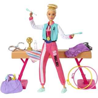 Barbie You Can Be Anything Series, Turnerin, Barbie-Puppe mit blonden Haaren, Schwebebalken, Turnbeutel, Goldmedaille, Barbie-Zubehör, 1 Barbie-Puppe inklusive, Geschenk für Kinder ab 3 Jahren,GJM72