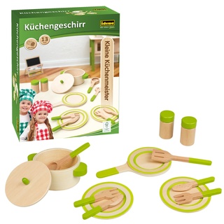 Idena 40238 - Kleine Küchenmeister Geschirr Set aus Holz, 13-teiliges Kinder Kochgeschirr, Zubehör für Spielküche und Kaufmannsladen, für Kinder ab 2 Jahren