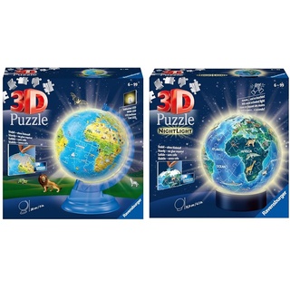Ravensburger 3D Puzzle 11274 - Kinderglobus mit Licht in deutscher Sprache & 3D Puzzle Erde im Nachtdesign Nachtlicht 11844 - Puzzle-Ball - 72 Teile - für Globus Fans ab 6 Jahren