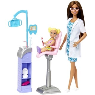 Barbie Zahnärztin-Puppe - Spielset mit Behandlungsstuhl, Instrumentenwagen und Zubehör und Patientenpuppe, kleine Zahnmediziner und Kinder ab 3 Jahren, HKT70