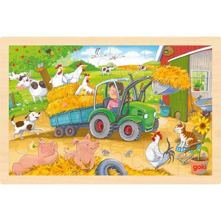 Puzzle aus Holz Einlegepuzzle Kleiner Traktor goki 24 Teile Bauernhof Holzpuzzle mit Palandi® Sticker
