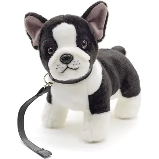 Uni-Toys - Französische Bulldogge (schwarz-weiß) mit Leine - 25 cm (Länge) - Plüsch-Hund - Plüschtier, Kuscheltier