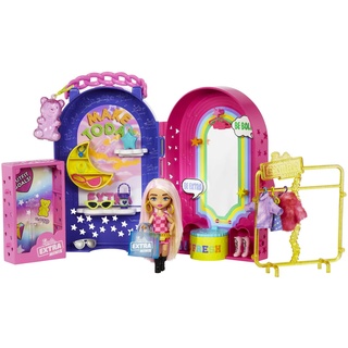 Barbie Extra Minis, Extra Mini Puppe und Boutique Spielset, Kleiderschrank mit Schränken, Regalen, Spiegeln, 360 Plattform, Extra Mini Puppe mit rosa Haaren Accessories,HHN15