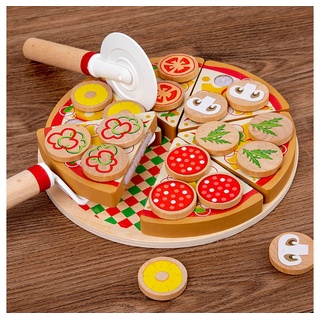 CoolBlauza Spiellebensmittel Pizza Party Holzspielzeug Küche Kinder,Pizza zum Schneiden, (27-tlg., Montessori-Spielzeug), für Kinder ab 3 Jahren bunt