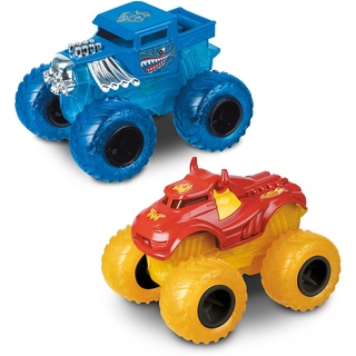 Mondo Motors - Hot Wheels Double Smash - 2er Pack Licht und Ton Maschinen mit Rückladung für Kinder - Bone Shaker, Rev Tred, 51235, blau/rot