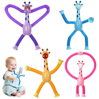4 Stück Teleskop Saugnapf Giraffen Spielzeug, Giraffe Pop Röhren Sensorik Spielzeug, Giraffen-Teleskopspielzeug Pädagogisches Stress Spielzeug für Kinder