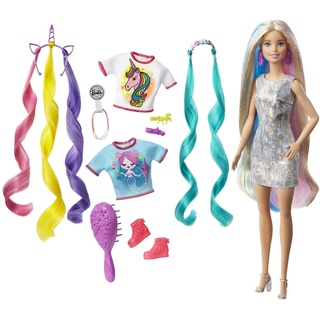 Barbie-Puppe, Einhorn-Barbie-Puppe mit Meerjungfrauenhaar und Einhorn-Haarkrönchen, Barbie-Accessoires, Barbie-Puppe inklusive, Geschenke für Kinder ab 3 Jahren,GHN04