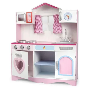 Leomark Rosa Küche mit Fenster - PINK Play - Spielküche aus Holz, Kinderküche, Spielzeug für Kinder, Höhe 101 cm, Metalltöpfe mit Zubehör