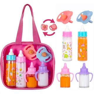 fash n kolor®️ Puppenzubehör Baby puppen Zubehör für puppenwagen, 6 Set in Wickeltasche, Magische Flasche Puppenzubehör, Babypuppen, Spielzeug, Puppenpflegeset, Geschenke