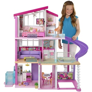 Barbie Puppenhaus, Barbie Traumvilla (ohne Barbie Puppe), komplett möbliert, 3 stöckig, 8 Zimmer inkl. Pool, Rutsche und Aufzug, 70 Accessoires, Spielzeug ab 3 Jahre, GNH53