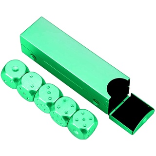 Wilitto 5 Stück 6-seitige Würfel mit 1 Box 16 mm Aluminiumlegierung Metall Würfel-Set, vielseitig, praktisch, langlebig, kleine Würfel mit Etui für Poker-Party-Spiele, einfache kleine Würfel, grün