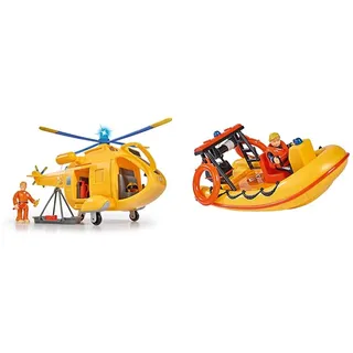 Simba 109251002 - Feuerwehrmann Sam Hubschrauber Wallaby II, mit Tom Thomas Figur, 6 Sitzplätze, 34cm & Feuerwehrmann Sam Neptune Boot, mit Penny Figur im Tauchoutfit, 20cm