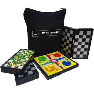 JJ Prime - Spielesammlung Reise Satz von 4 Schach Magnetisch, Dame Spiel, Ludo Spiel, Schlangen Und Leitern Spiel | Kinder Brettspiele Erwachsene | Spielesammlung Kinder Magnetic Spiel Reise Mit Etui