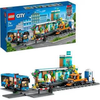 LEGO City Bahnhof, Spielzeug mit Schienen-LKW, Straßenplatte, Schienensegmenten, Spielzeugbus und Minifiguren, Geschenk für Kinder, Jungen und M... - Bunt