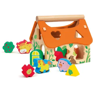 Sevi 88056 Wood Eco Smart Holz Sortierspiel Bauernhof mit Tieren 14-teilig, Nachhaltiges Steckspielzeug zur Motorik-Entwicklung, Spielhaus für Kinder ab 12 Monate, ca. 20 x 18 x 18 cm, Bunt