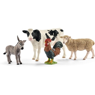 schleich 42385 FARM WORLD Starter-Set inkl. 4 schleich Bauernhoftiere: Kuh, Schaf, Esel & Hahn, Tierfiguren für Kinder ab 3 Jahren