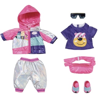 BABY born Zapf Creation 830031 Deluxe Fahrrad Set für 43cm Puppen mit rosa Jacke, lila Shirt, Silber glänzender Hose, Schuhen, Gürteltasche und Sonnenbrille, Einfarbig