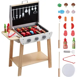 VEVOR Holzgrill-Spielzeug, Kindergrill-Spielset mit Spiellebensmitteln & Grillwerkzeugen, Küchenzubehör aus Holz für Spiellebensmittel (21-teilig), Rollenspiel für Kinder ab 3 Jahren