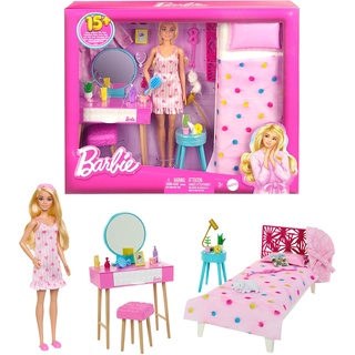 Barbie Schlafzimmer-Spielset - Puppe, Bett, Schminktisch, Kätzchen und 20 Zubehörteile kreatives Spielen, inklusive flauschigem Bademantel und Hausschuhen, für Kinder ab 3 Jahren, HPT55