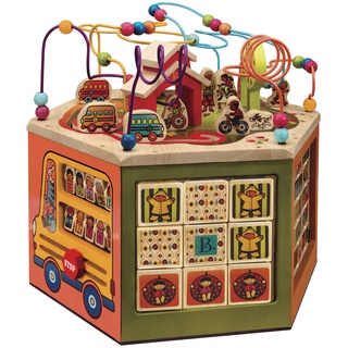 B. toys Extra großer Motorikwürfel, Motorikspielzeug Activity Center mit Motorikschleife im Schulmotiv, Holzspielzeug Baby Spielzeug ab 1 Jahr