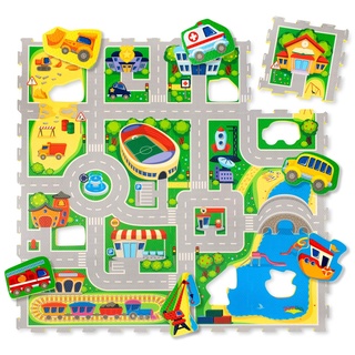 Hakuna Matte Puzzlematte für Babys Stadt 1,2x1,2m – 16 Puzzlematten mit Straßen und 11 Autos – 20% dickere Spielmatte in Einer umweltfreundlichen Verpackung – Schadstofffreie, geruchlose Krabbelmatte