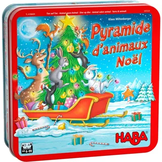 HABA - Pyramide der Tiere Weihnachts-Edition – Geschicklichkeitsspiel und Stapelspiel – Metalldose – 4 Jahre und älter – 305526 Rot
