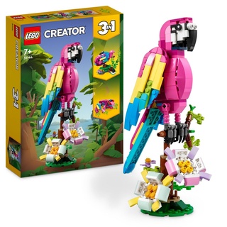 LEGO 31144 Creator 3-in-1 Exotischer Pinkfarbener Papagei, Frosch und Fisch, Dschungel-Spielzeug mit Tier-Figuren, tropische Schlafzimmer-Deko, Ges...