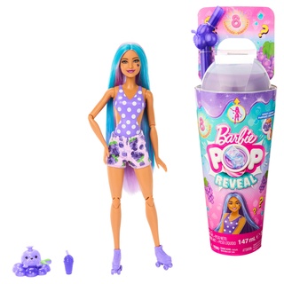 Barbie Pop Reveal Fruit - Puppe mit violetten Haaren im Grapefruitduft, 8 Überraschungen, duftendes Squishy-Hündchen, Farbwechsel im Haar und Make-up, für Kinder ab 3 Jahren, HNW44