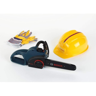 Klein Theo 8253 - Bosch Kettensägeset mit Helm und Handschuhen, profiline blau, Spielzeug