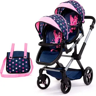 Bayer Puppen-Zwillingsbuggy Xeo Twin blau/pink, mit Wickeltasche blau