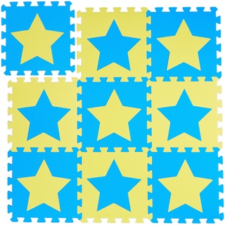 Relaxdays Puzzlematte Sterne, 9er Set, 18 Teile, EVA Schaumstoff, schadstofffrei, Spielunterlage 91 x 91 cm, blau-gelb