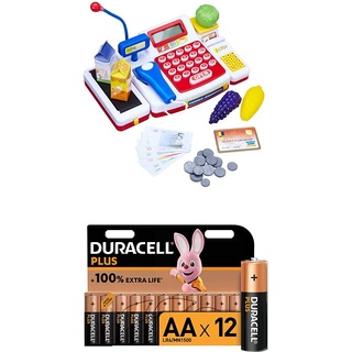Simba 104525700 - Supermarktkasse mit Scanner Kinderspiel + Duracell Plus AA Alkaline-Batterien, 12er Pack