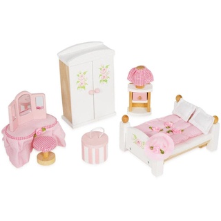 Le Toy Van - ME057 - Puppenhaus-Schlafzimmer, Alter 3, 19-teiliges Holzmöbel-Set, Öko-Spielzeug, Montessori, inklusive Doppelbett, Schminktisch, Kleiderschrank, Nachttisch, Zubehör