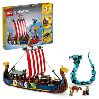 LEGO 31132 Creator 3in1 Wikingerschiff mit Midgardschlange Set, Baue Schiff, Haus, Spielzeug-Wolf mit Tier-Figuren, Konstruktionsspielzeug für Kin...