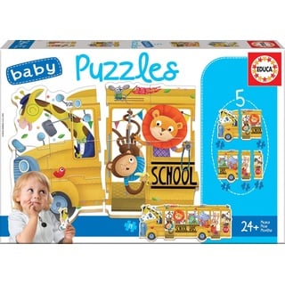 Educa 17575, Tier-Bus 2x2/2x3/4 Teile Baby Puzzle, Giraffe, AFFE, Löwe, Schildkröte, Elefant, Hase, Eule