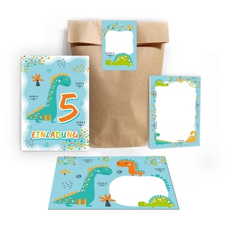 12 Einladungskarten zum 5. Kindergeburtstag fünfte Geburtstag Jungen Dino Dinosaurier incl. 12 Umschläge, 12 Tüten / Natur, 12 Aufkleber, 12 Blöcke